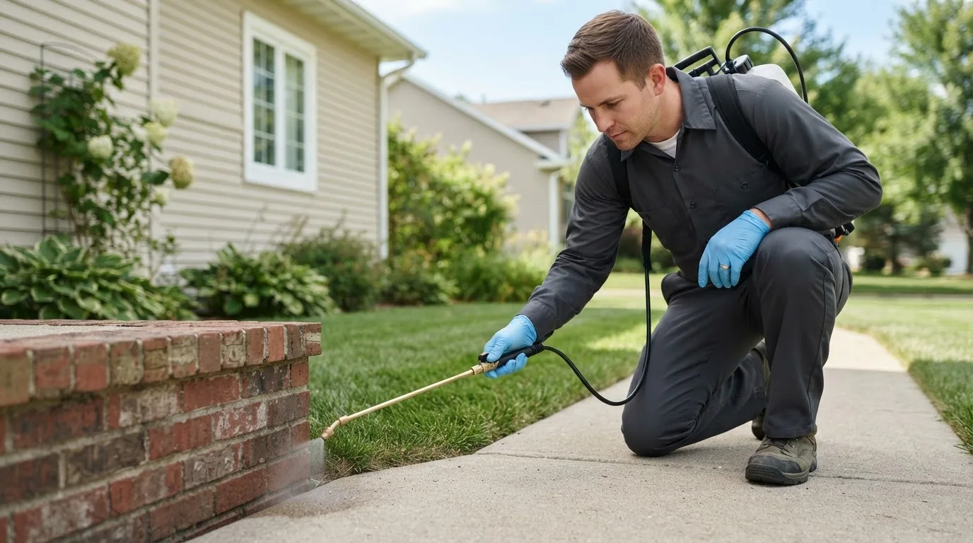 Pest control technician treating a home near Vanderpool, TX